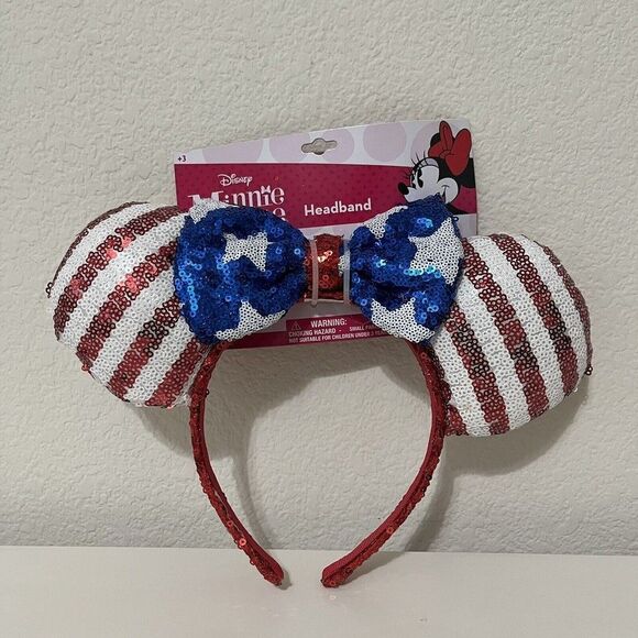 Disney Minnie Mouse Sequin Patriotic Ears Headband Red White Blue Star Stripes - Picture 1 of 7